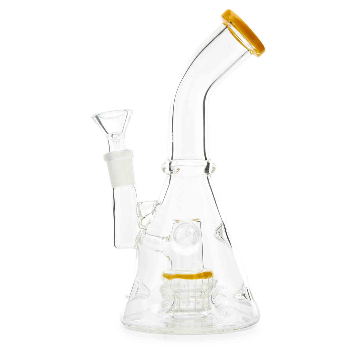 Affordable Fab Cone Water Pipe with bent neck and perc system. Soft buttery yellow color on mouthpiece and perc