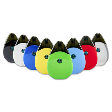 Group picture of the Sourin Drop Starter kit for use with salt nicotine. One of each color Black, Blue, Chrome, green, light blue, red, white and yellow
